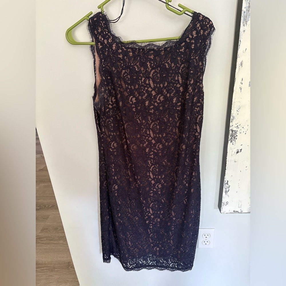 Adrianna Papell Dress. Navy with lace overlay. Lined. Zipper back. Size 12.